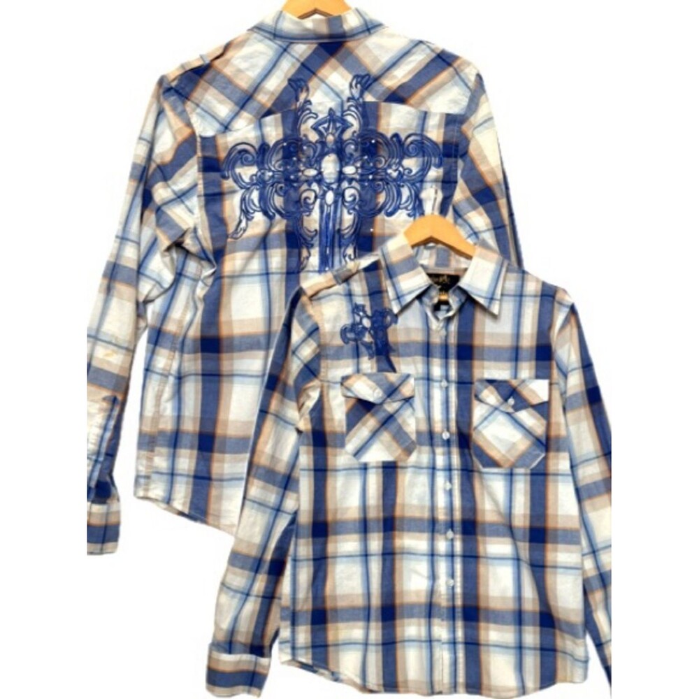 Seven Souls Cross Embroidered Studded Plaid Button Shirt Mens Size M Long Sleeve